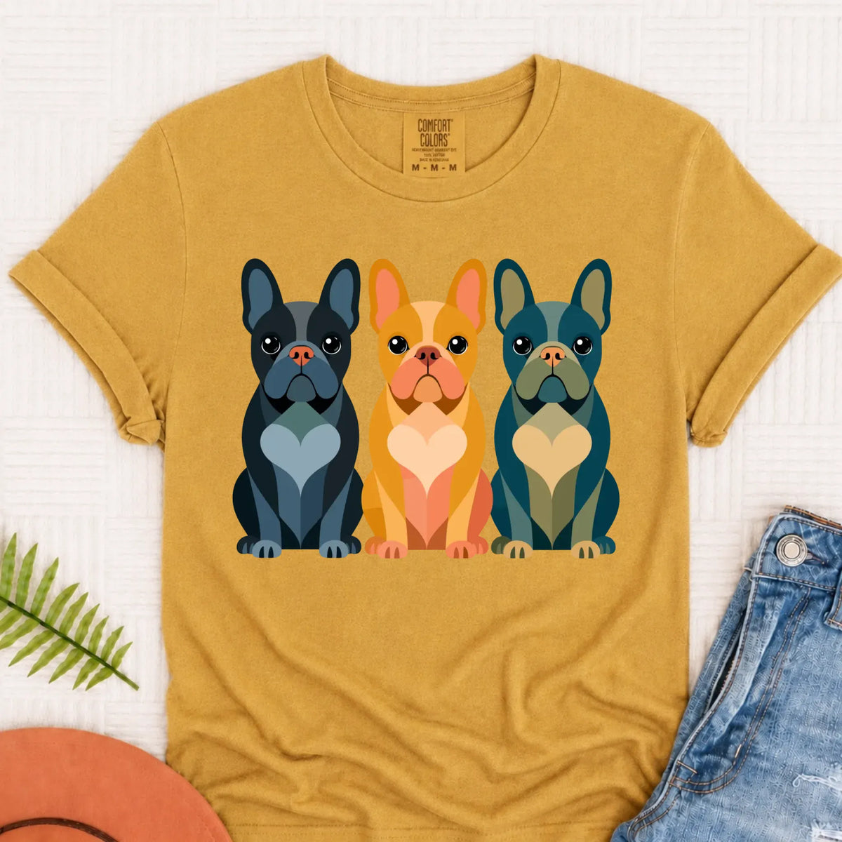 Frenchie Bulldog Little Hearts Unisex TShirt Mustard