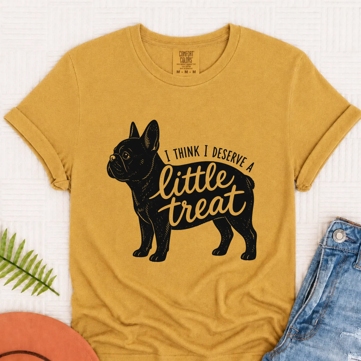 Frenchie Bulldog Little Treat Unisex TShirt Mustard