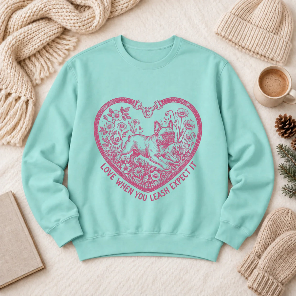 Frenchie Bulldog Love Leash Valentines Unisex Sweatshirt - Sweatshirt - Good Girl John