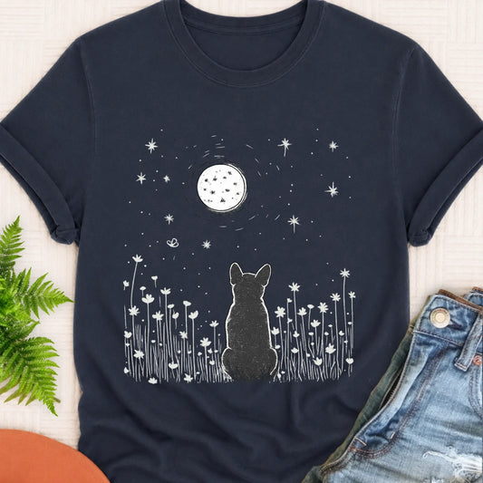 Frenchie Bulldog Moonlight Night Unisex TShirt Navy