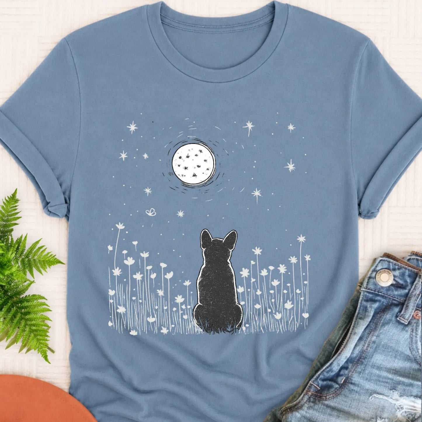 T-Shirt Blue Jean / S Frenchie Bulldog Moonlight Night Unisex TShirt