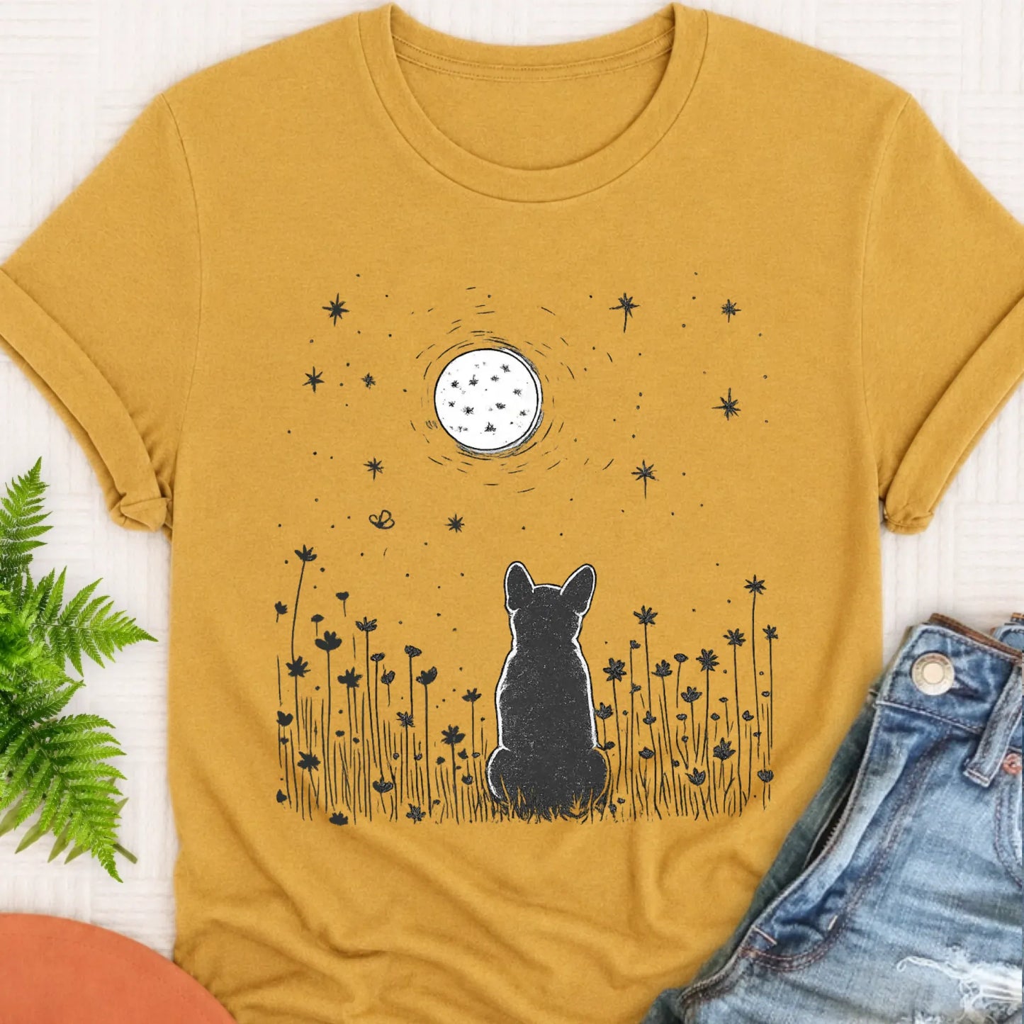 T-Shirt Mustard / S Frenchie Bulldog Moonlight Night Unisex TShirt