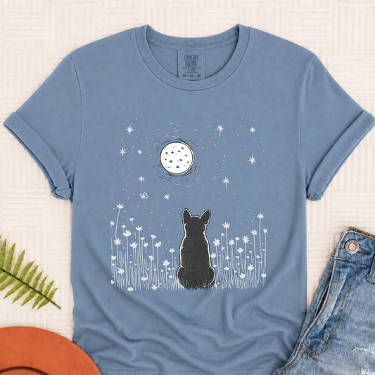 Frenchie Bulldog Moonlight Night Unisex TShirt Blue Jean