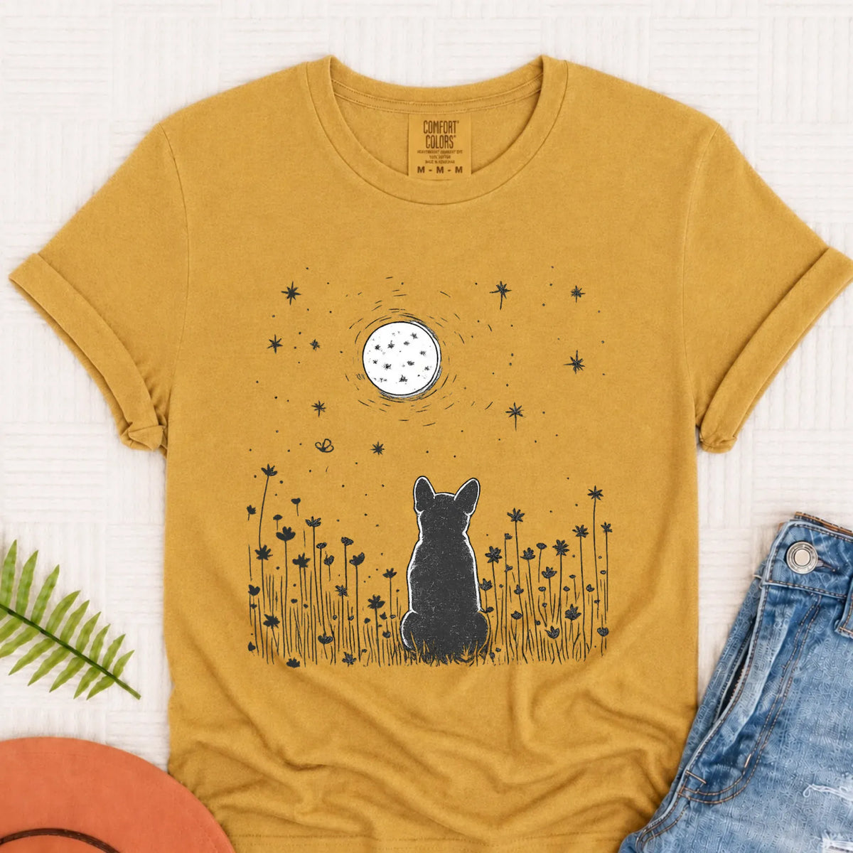 Frenchie Bulldog Moonlight Night Unisex TShirt Mustard