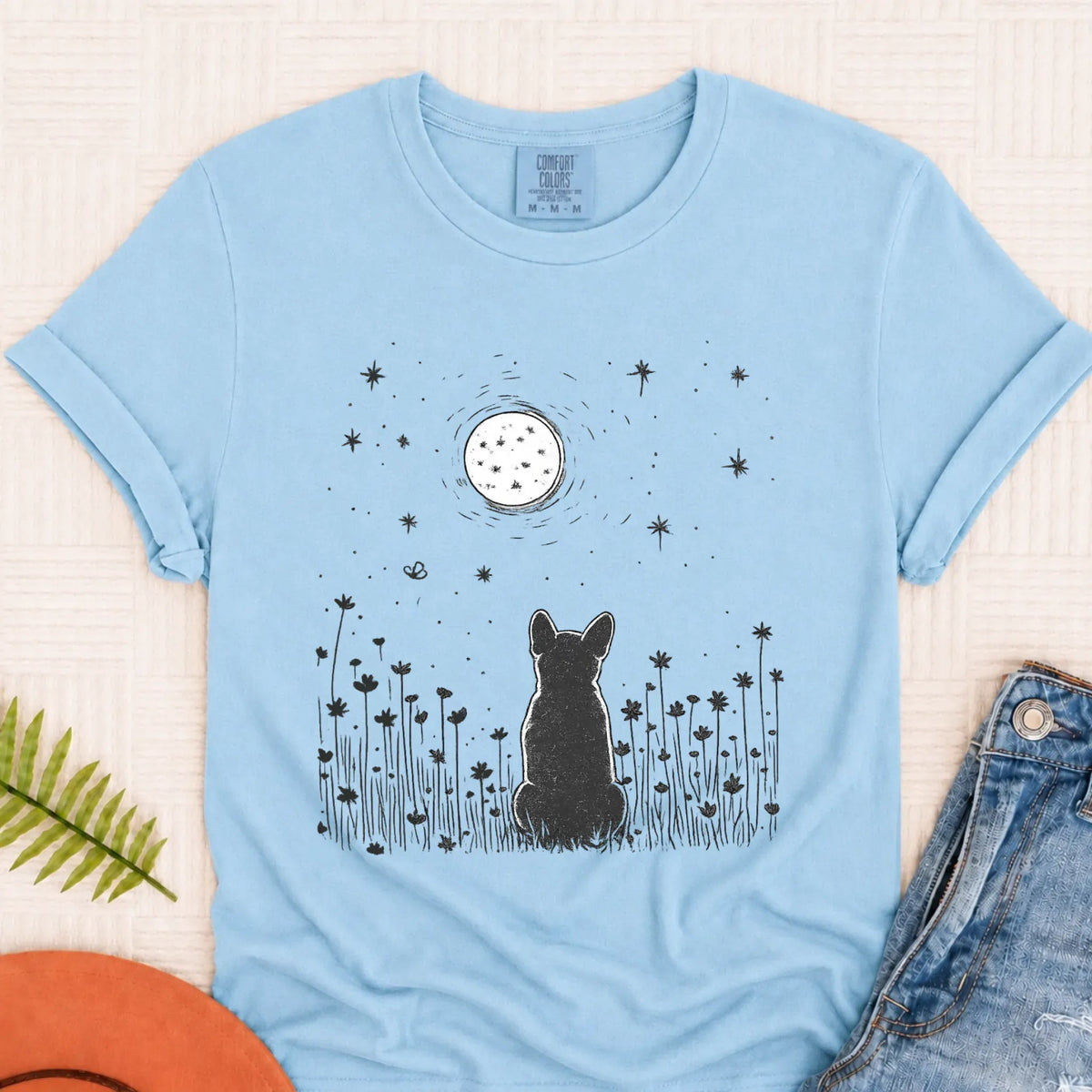 Frenchie Bulldog Moonlight Night Unisex TShirt Chambray