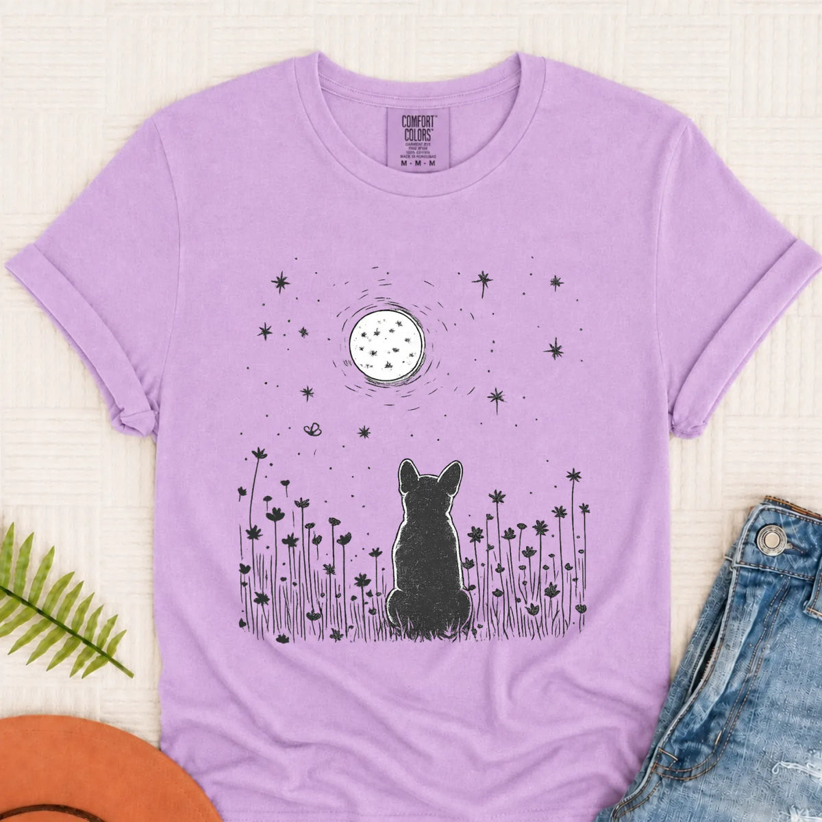Frenchie Bulldog Moonlight Night Unisex TShirt Orchid
