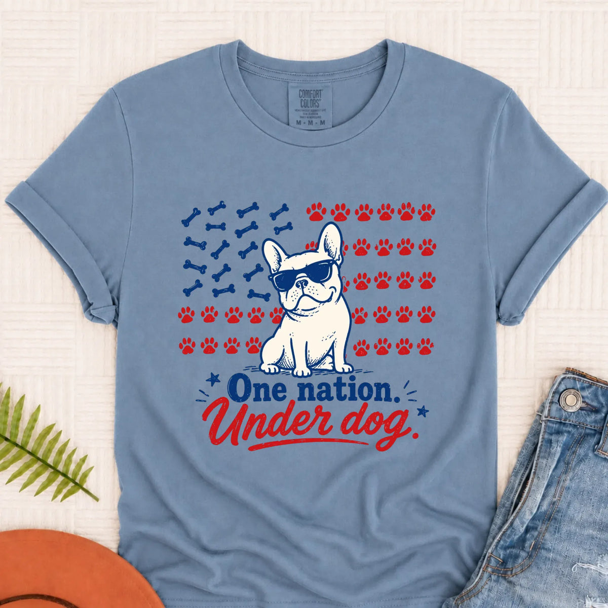 Frenchie Bulldog One Nation Unisex TShirt Blue Jean