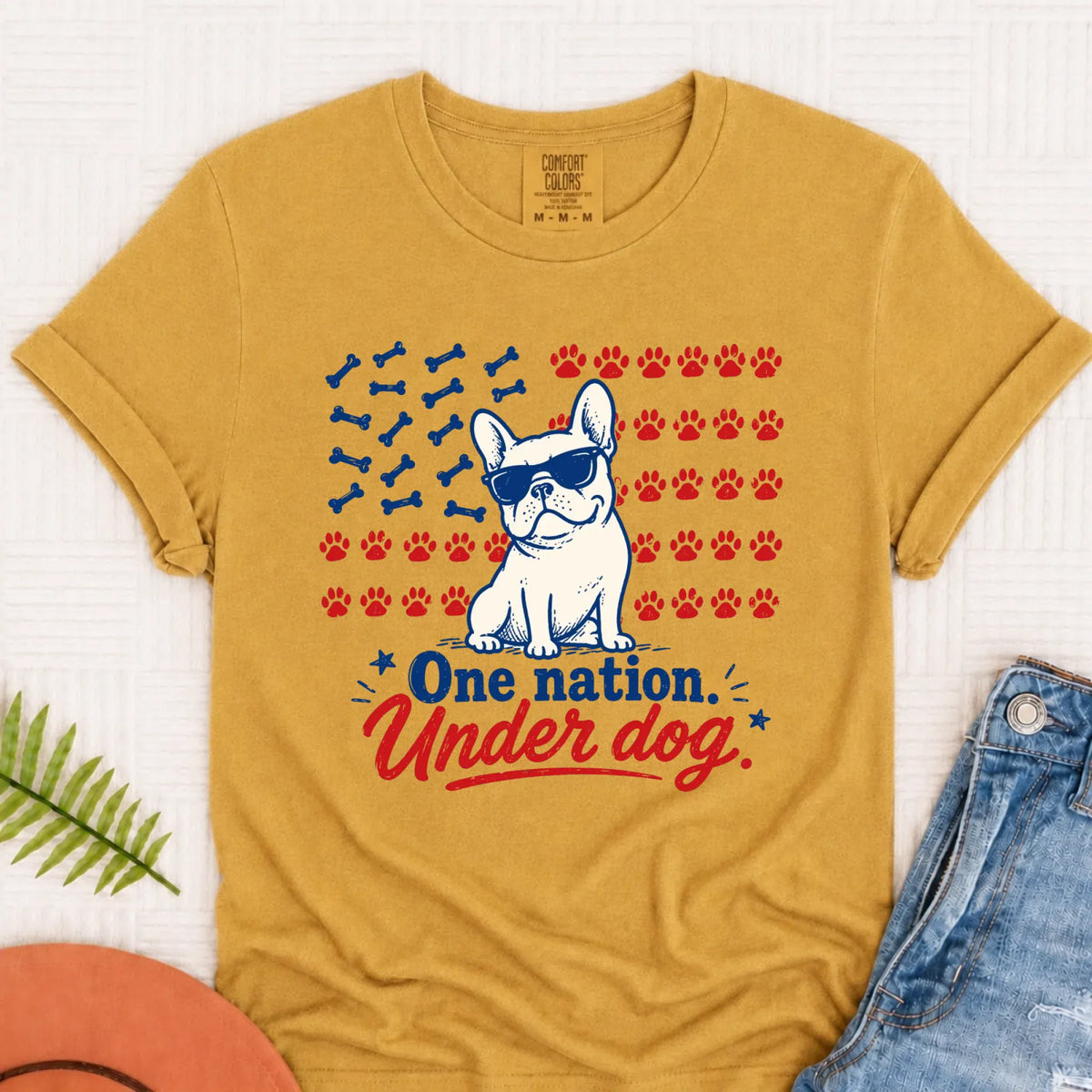 Frenchie Bulldog One Nation Unisex TShirt Mustard