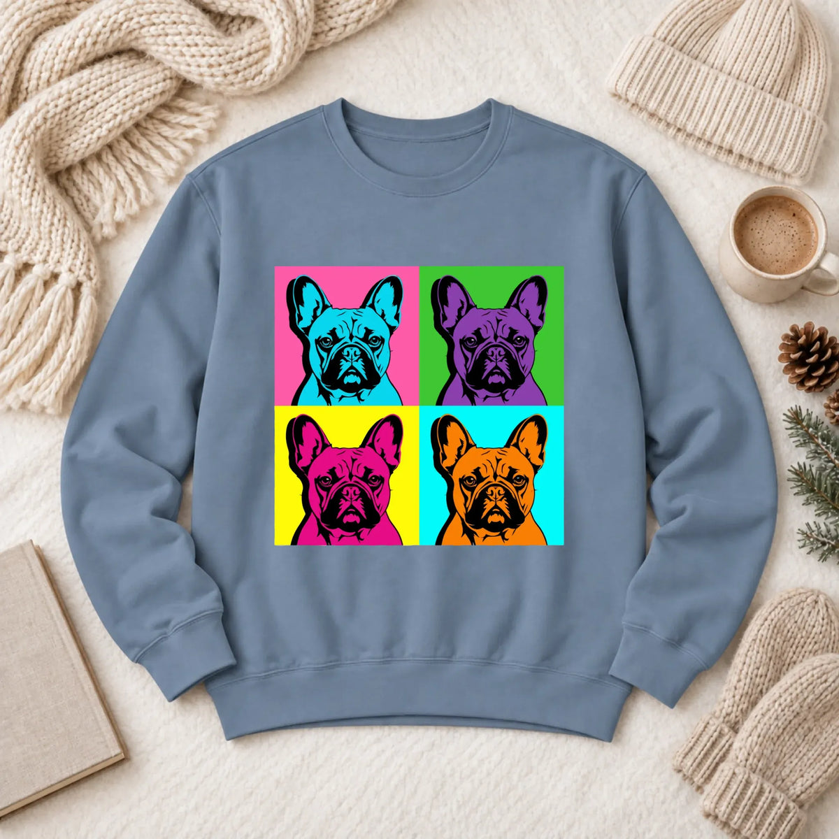 Frenchie Bulldog Pop Art Andy Unisex Sweatshirt Blue Jean