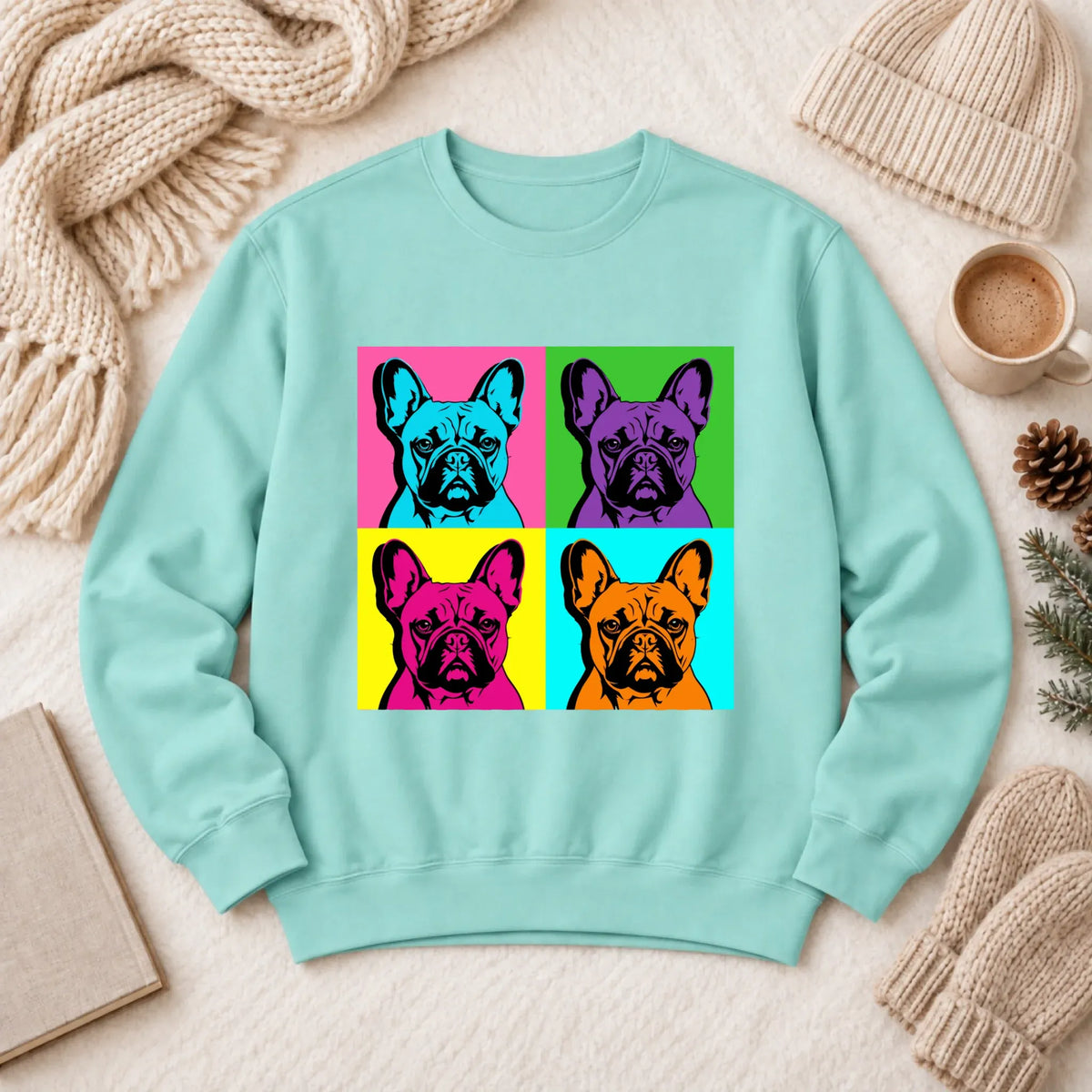 Frenchie Bulldog Pop Art Andy Unisex Sweatshirt Chalky Mint