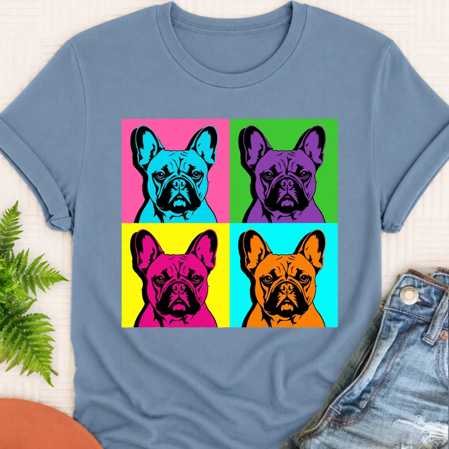Frenchie Bulldog Pop Art Andy Unisex TShirt Blue Jean