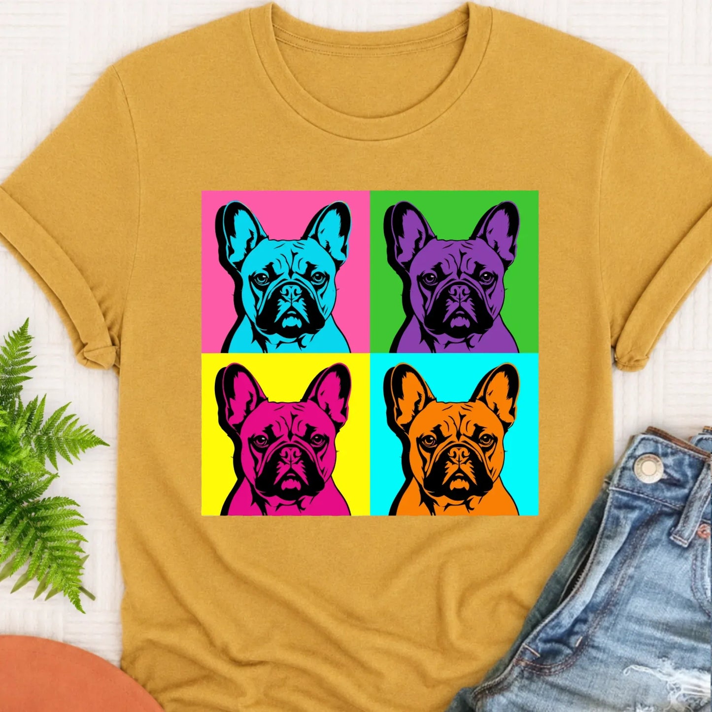 Frenchie Bulldog Pop Art Andy Unisex TShirt Mustard
