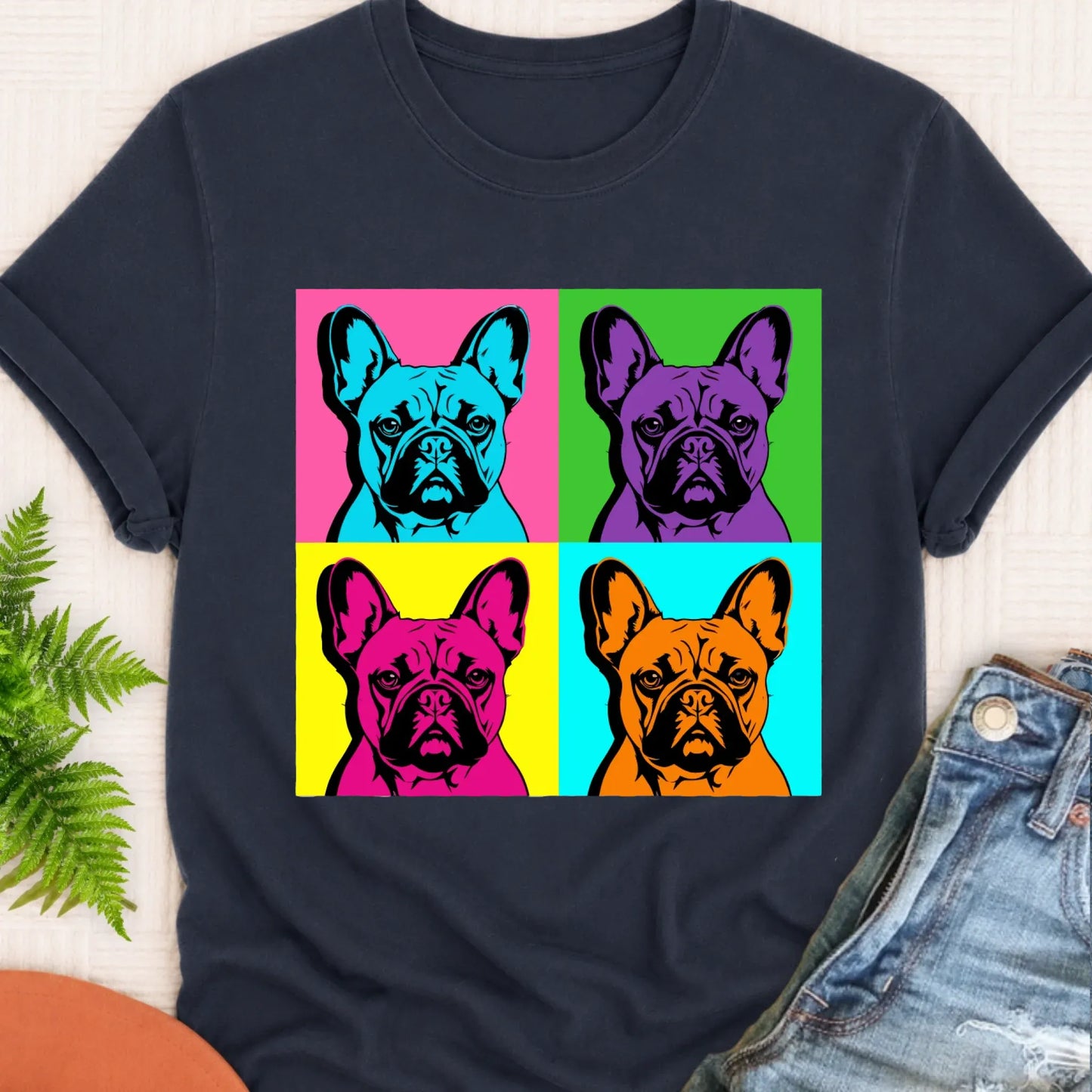 Frenchie Bulldog Pop Art Andy Unisex TShirt Navy