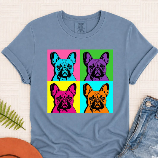 Frenchie Bulldog Pop Art Andy Unisex TShirt Blue Jean