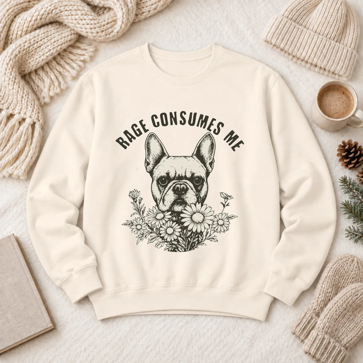Frenchie Bulldog Rage Consumes Unisex Sweatshirt Ivory