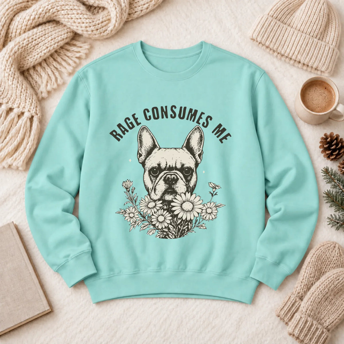 Frenchie Bulldog Rage Consumes Unisex Sweatshirt Chalky Mint