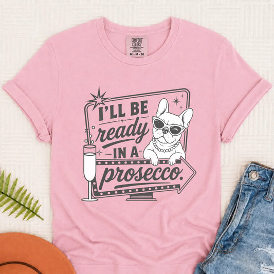 Frenchie Bulldog Ready In a Prosecco Unisex TShirt Blossom