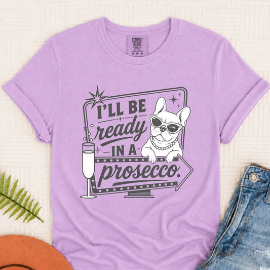 Frenchie Bulldog Ready In a Prosecco Unisex TShirt Orchid
