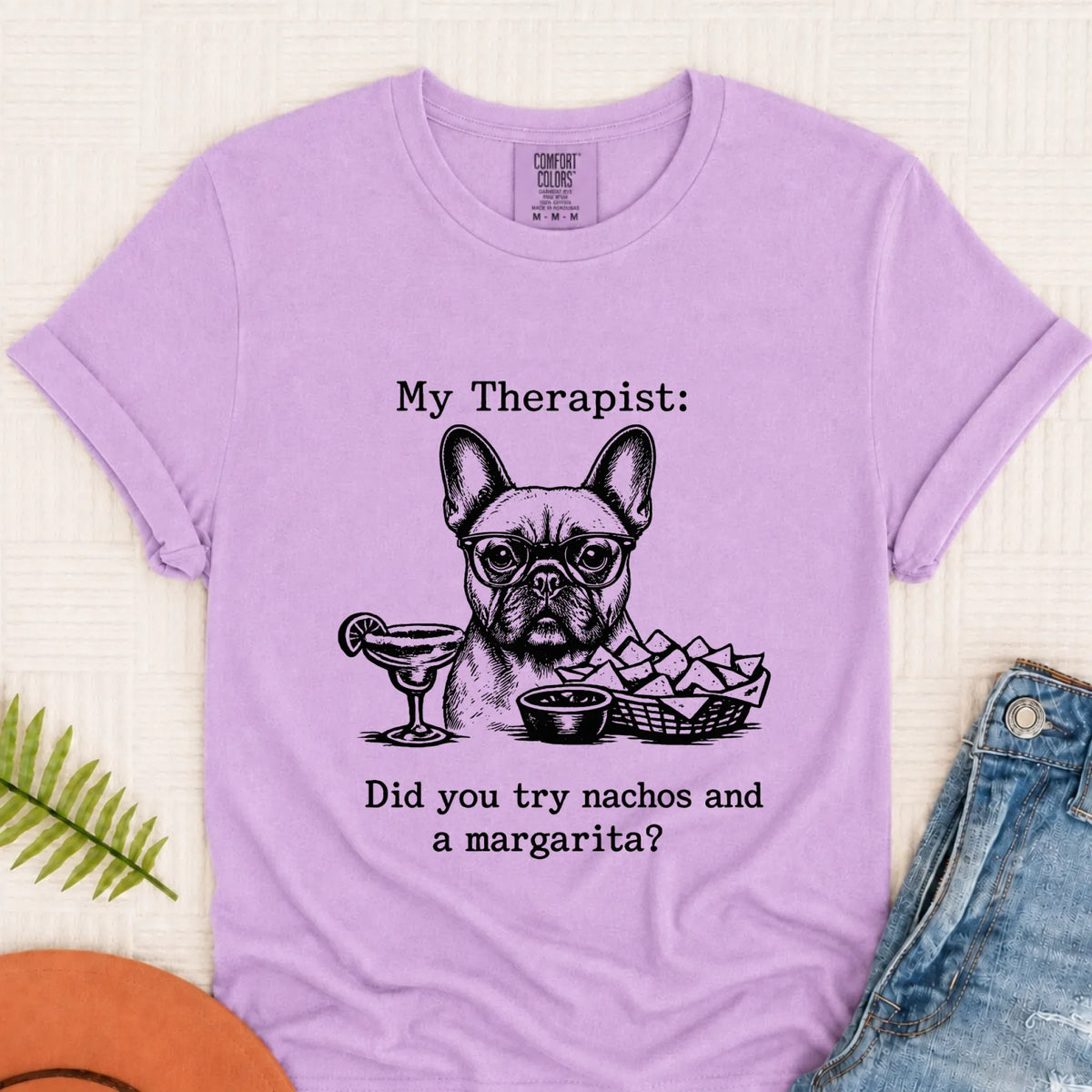 Frenchie Bulldog Therapist Nachos Unisex TShirt Orchid