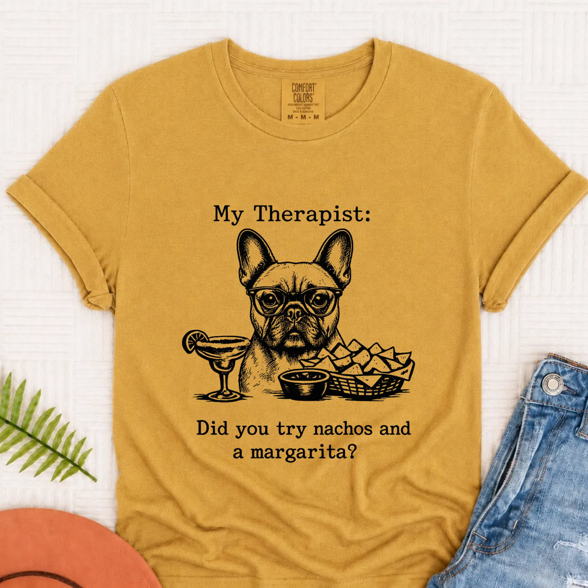Frenchie Bulldog Therapist Nachos Unisex TShirt Mustard