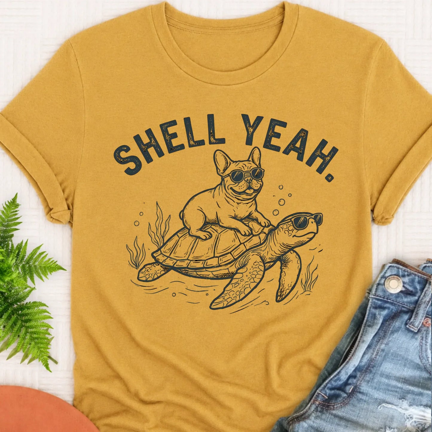 Frenchie Bulldog Turtle Ocean Unisex TShirt Mustard