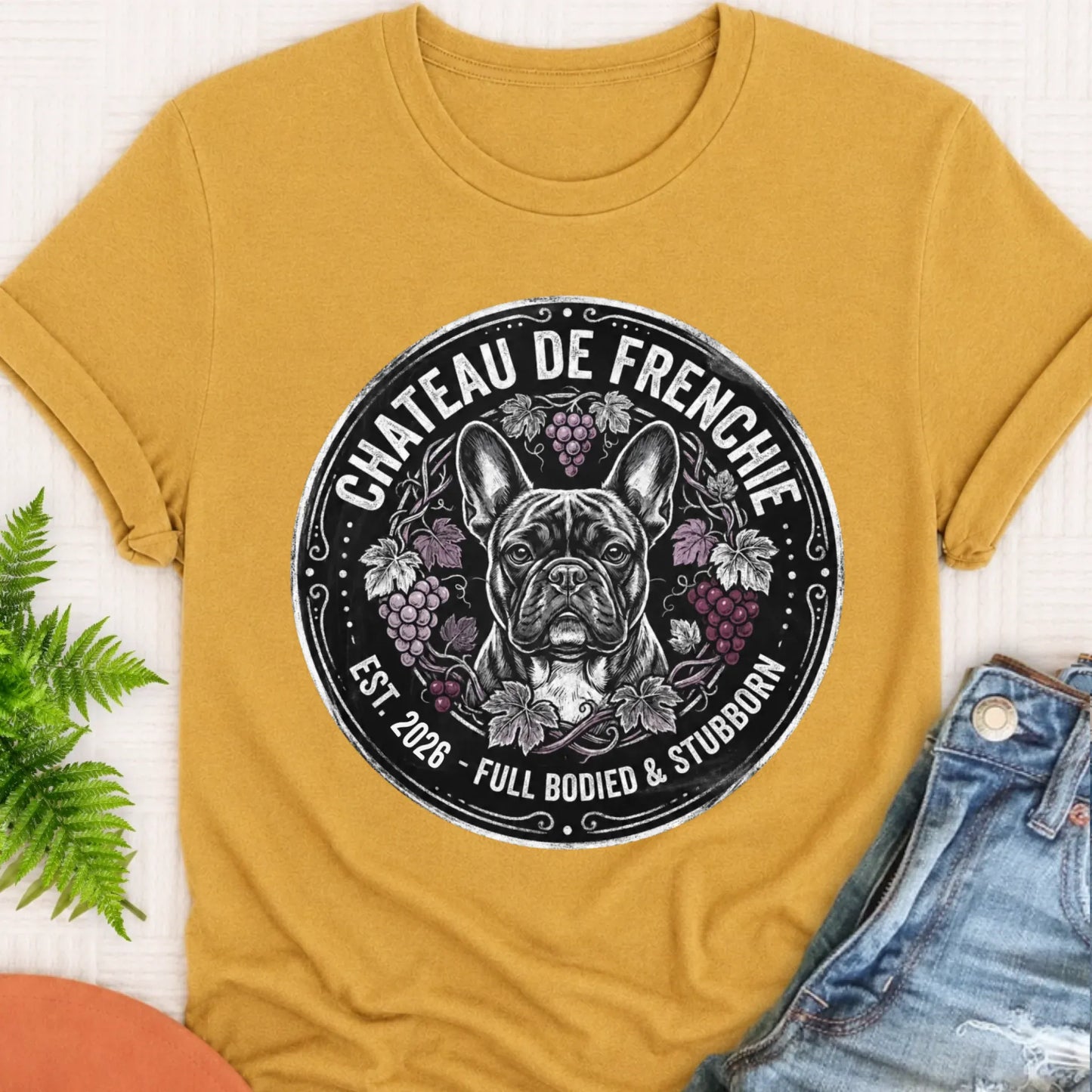 T-Shirt Mustard / S Frenchie Bulldog Wine Day Drinking Unisex TShirt