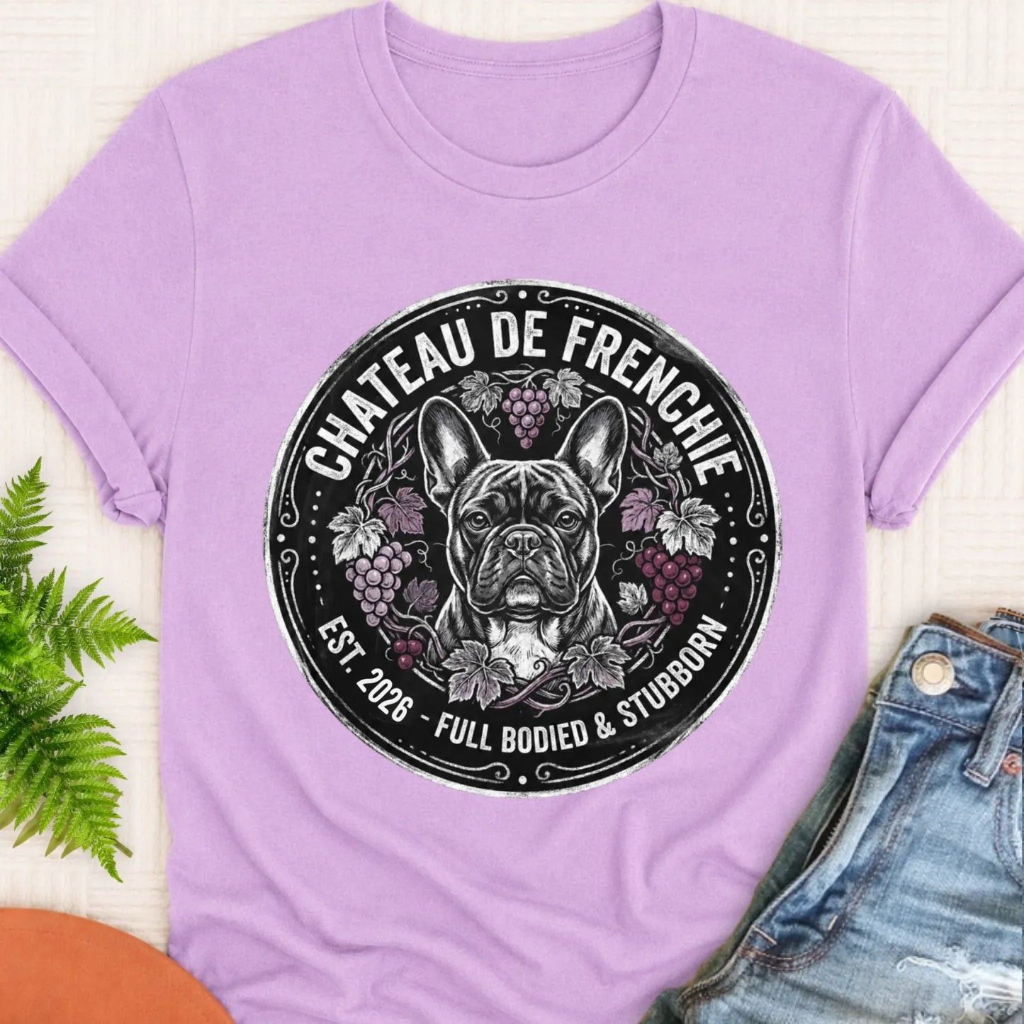 T-Shirt Orchid / S Frenchie Bulldog Wine Day Drinking Unisex TShirt