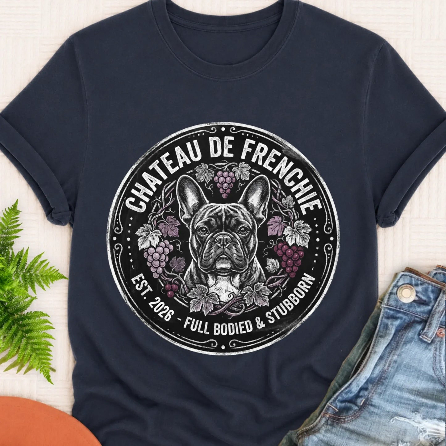 T-Shirt Navy / S Frenchie Bulldog Wine Day Drinking Unisex TShirt