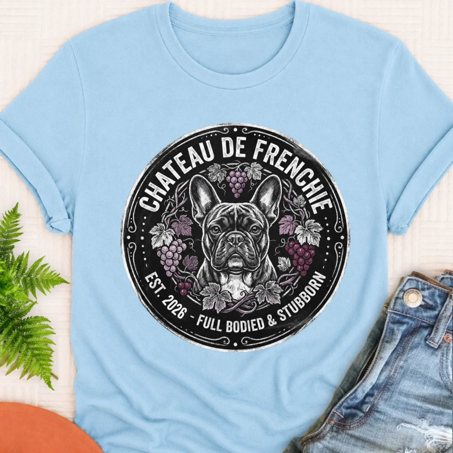 T-Shirt Chambray / S Frenchie Bulldog Wine Day Drinking Unisex TShirt