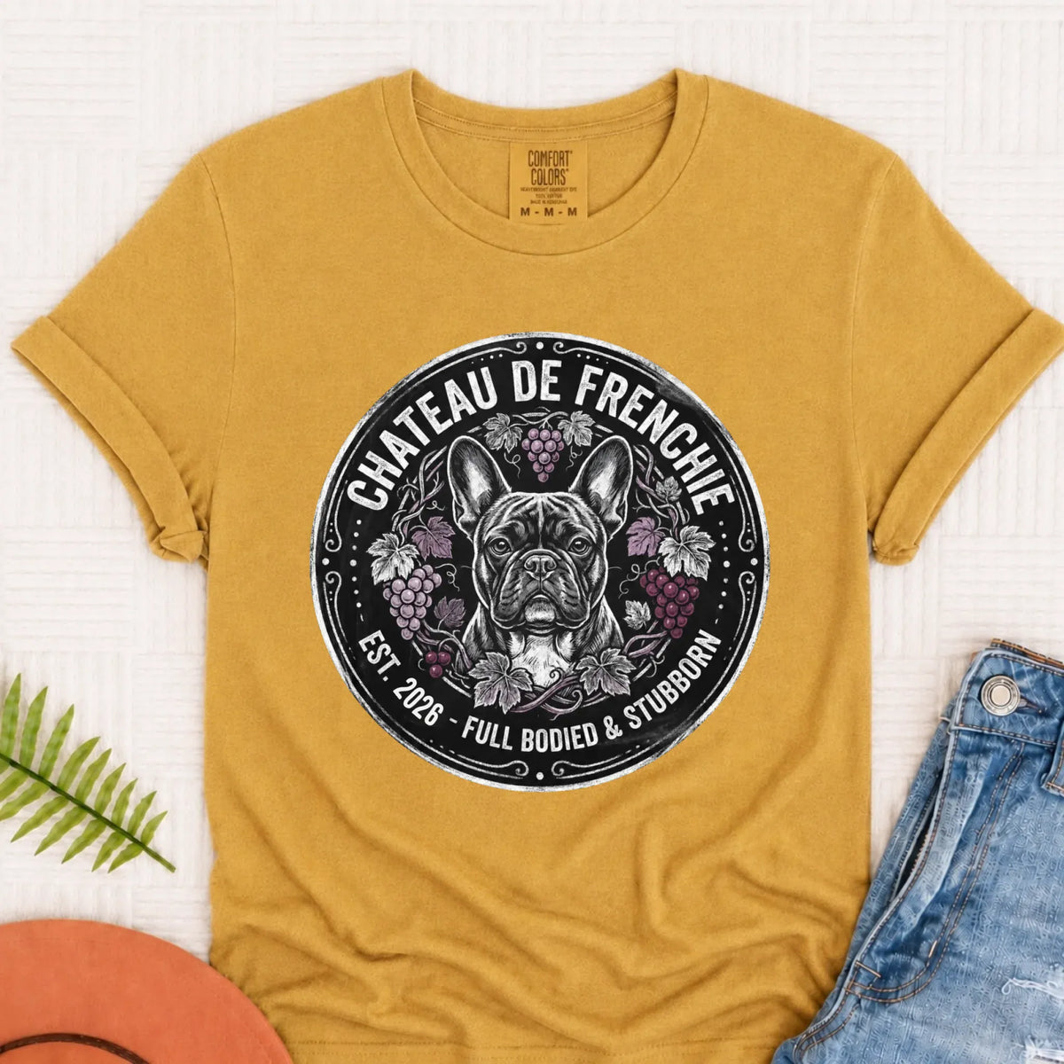 Frenchie Bulldog Wine Day Drinking Unisex TShirt Mustard