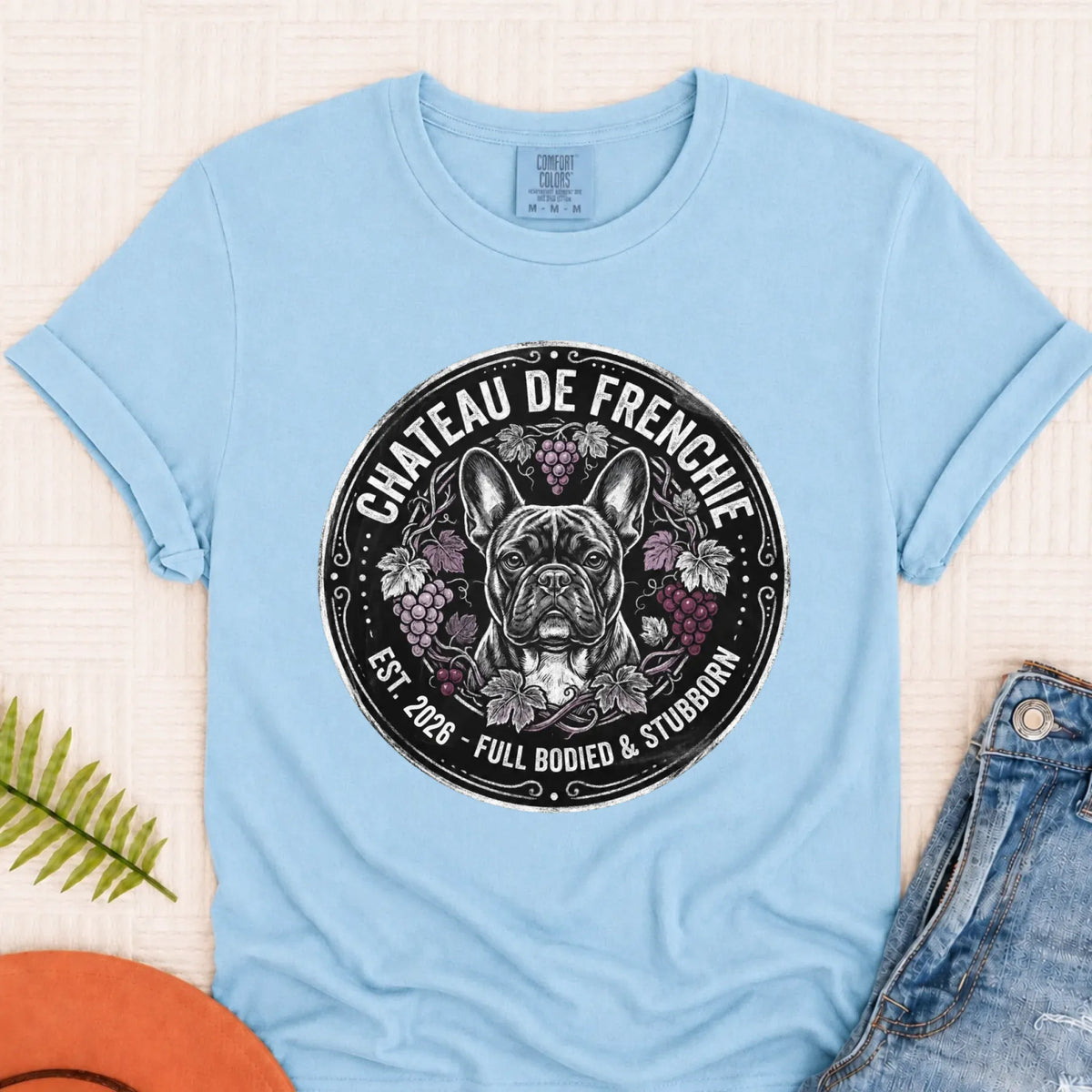 Frenchie Bulldog Wine Day Drinking Unisex TShirt Chambray