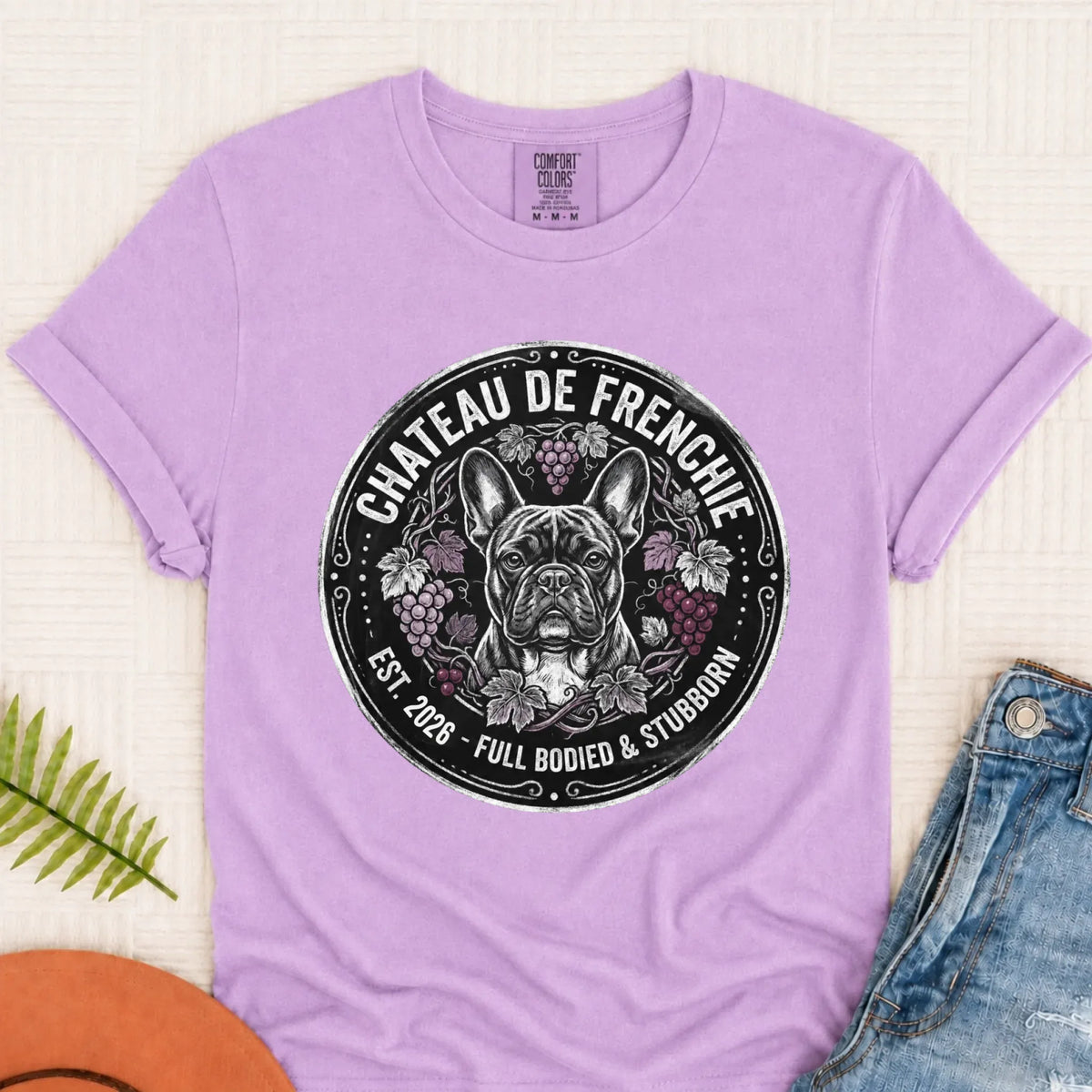 Frenchie Bulldog Wine Day Drinking Unisex TShirt Orchid