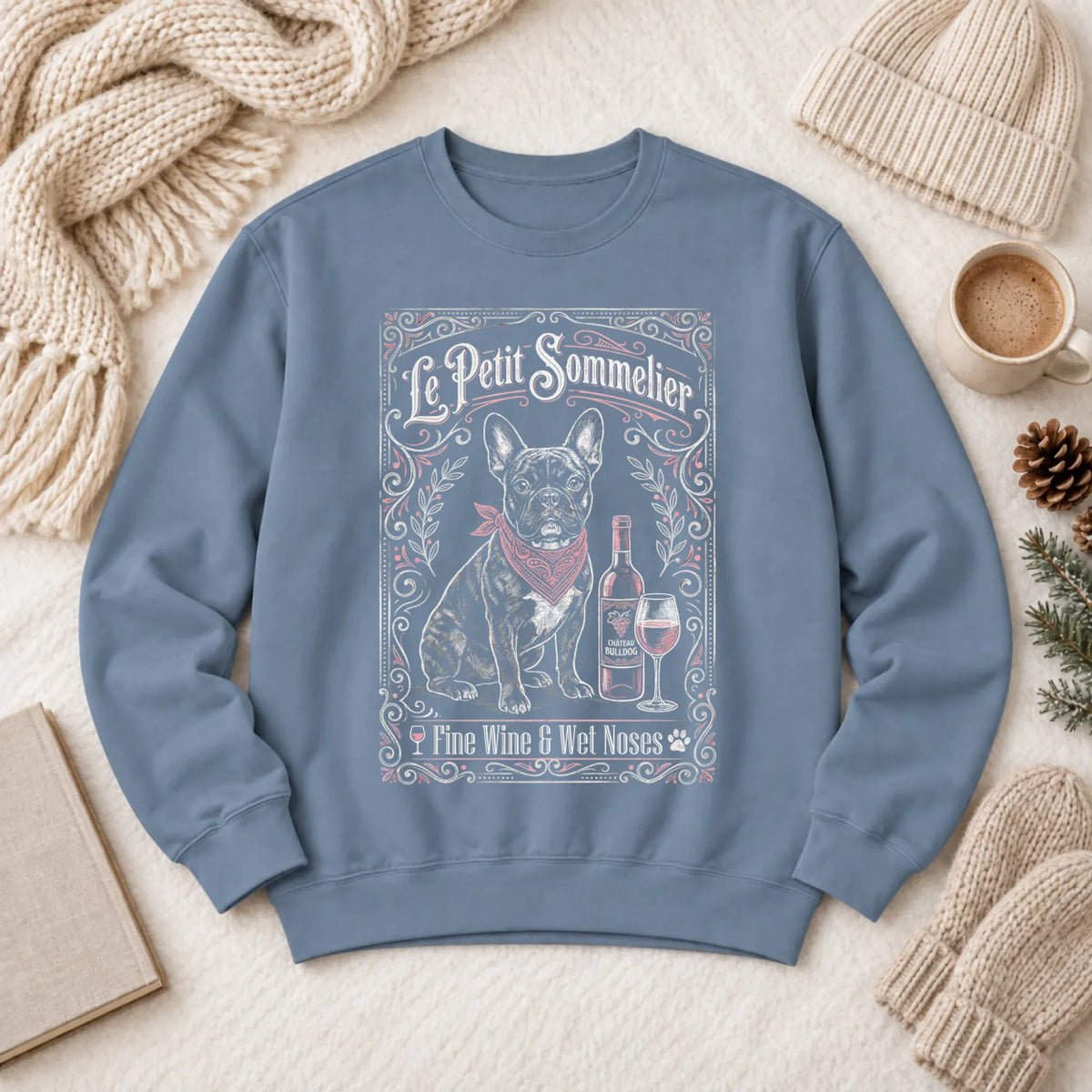 Frenchie Bulldog Wine Lover Unisex Sweatshirt Blue Jean