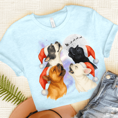 Frenchie Christmas Howliday TShirt Heather Ice Blue