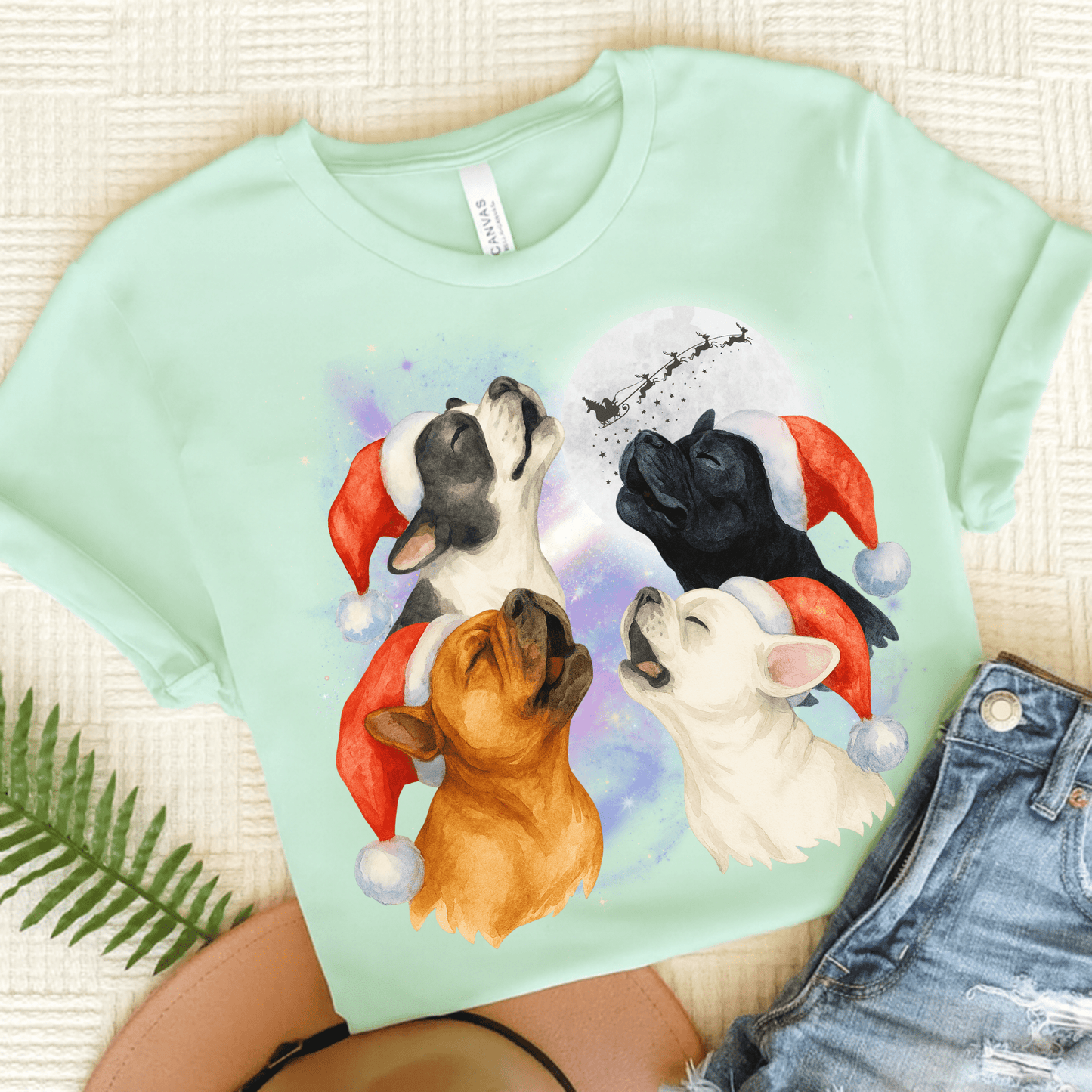 Frenchie Christmas Howliday TShirt Heather Mint