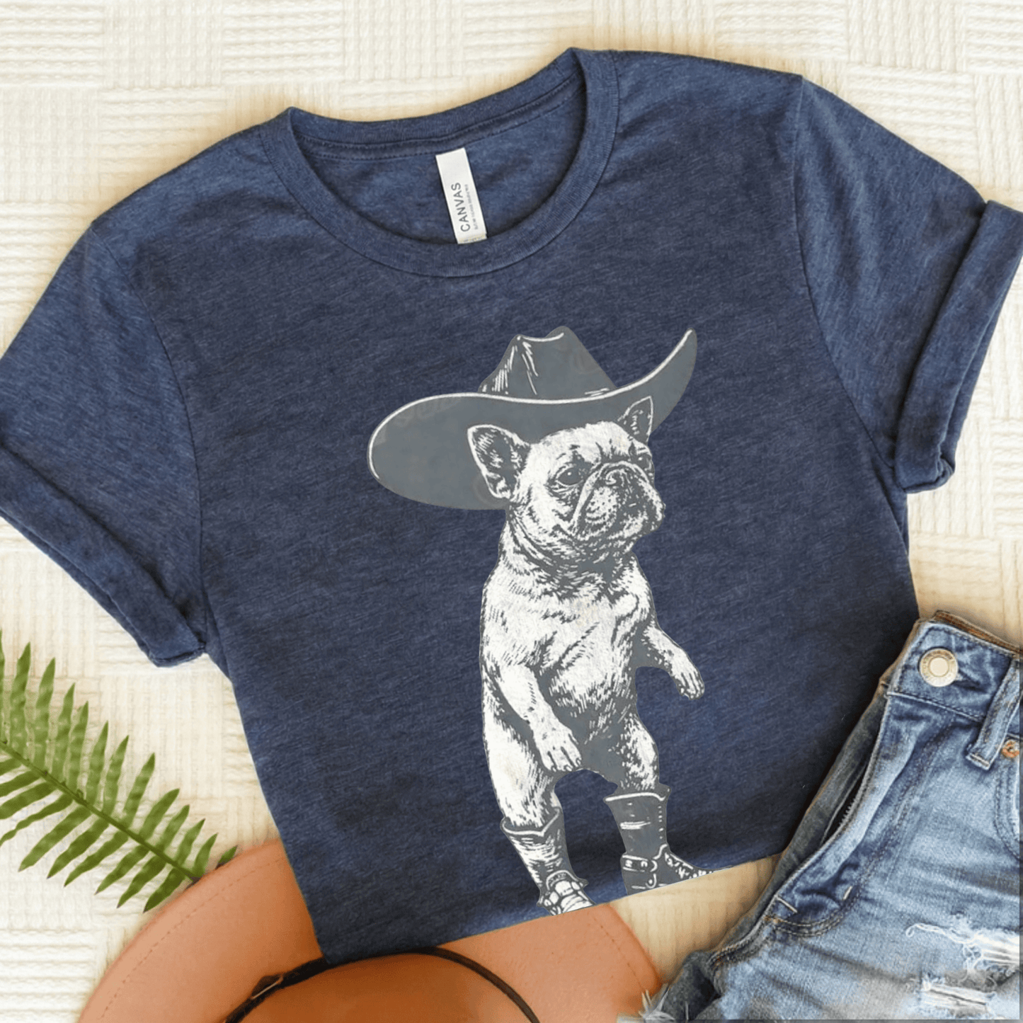 Frenchie Funny Cowboy Unisex TShirt Heather Navy