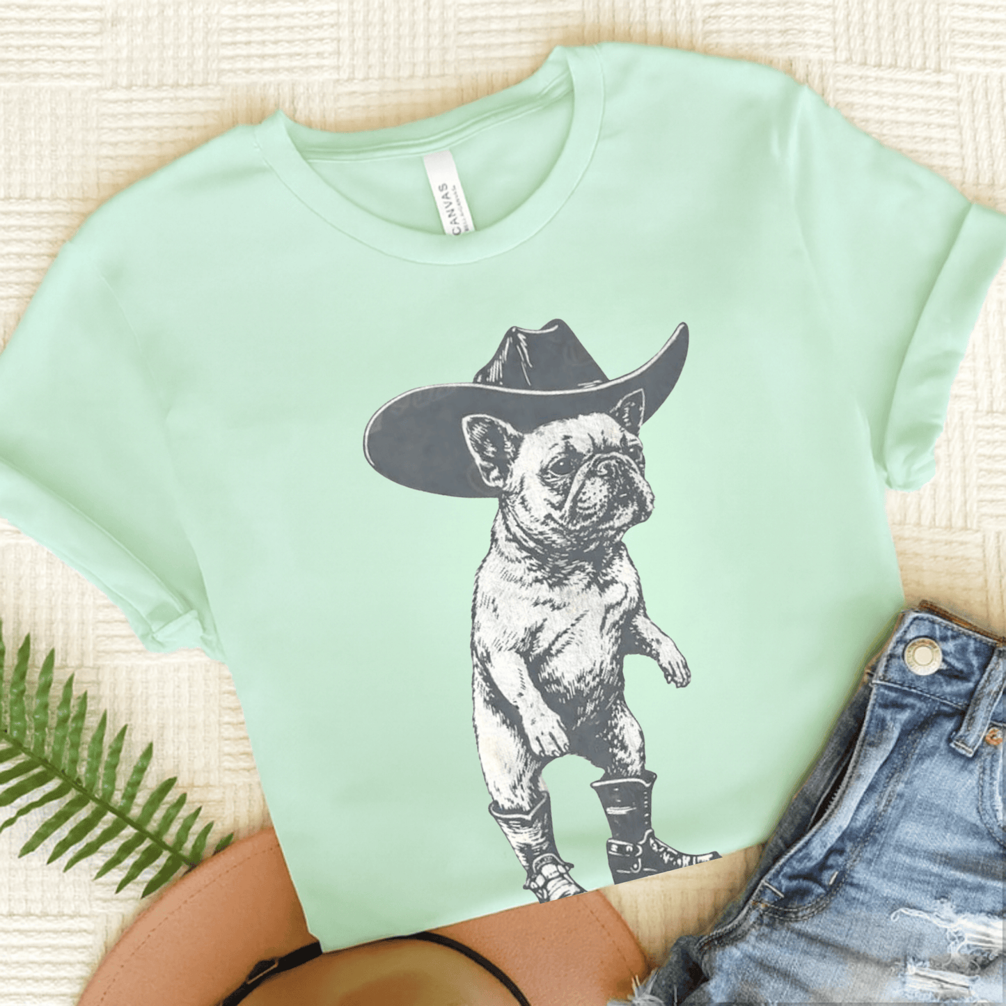 Frenchie Funny Cowboy Unisex TShirt Heather Mint