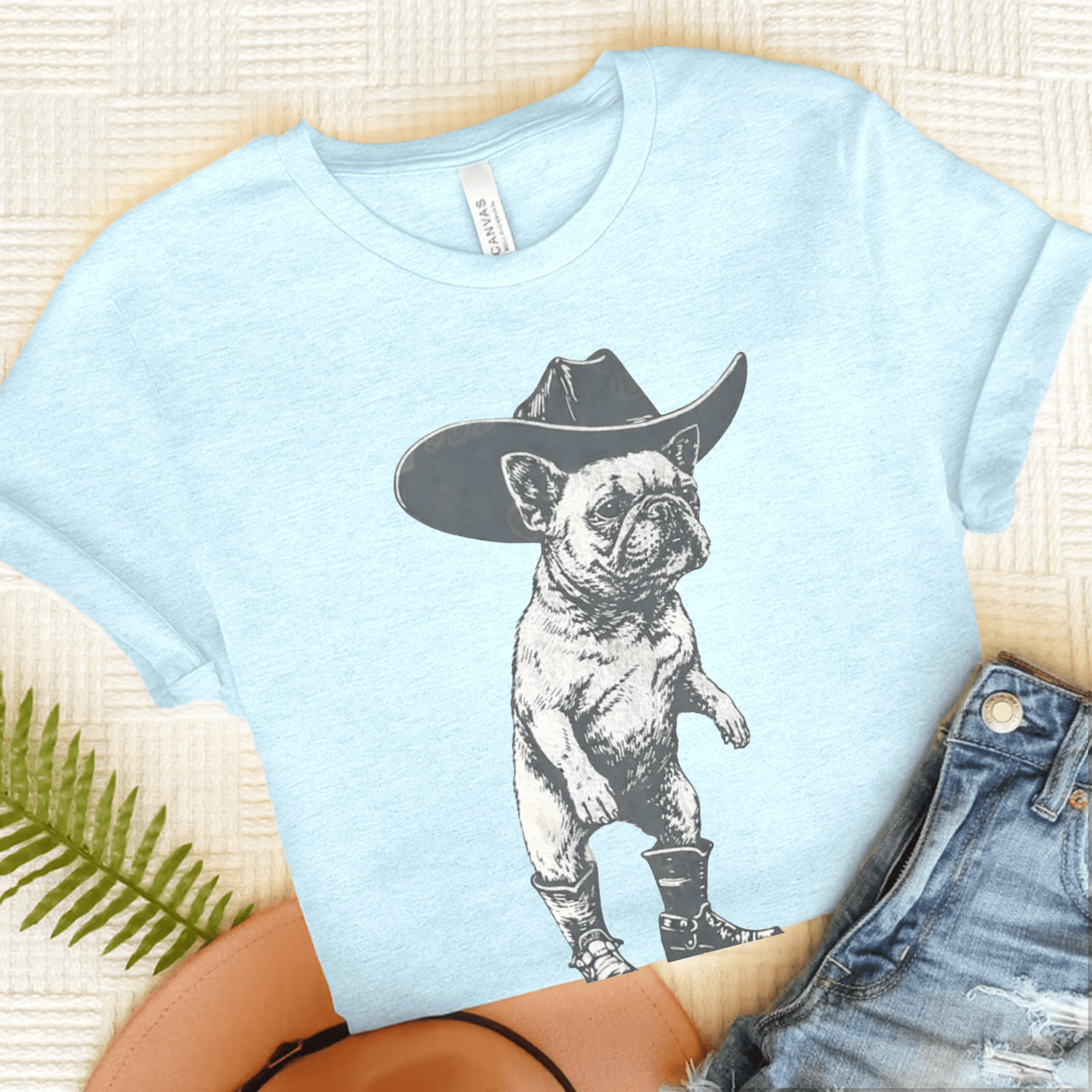 Frenchie Funny Cowboy Unisex TShirt Heather Ice Blue