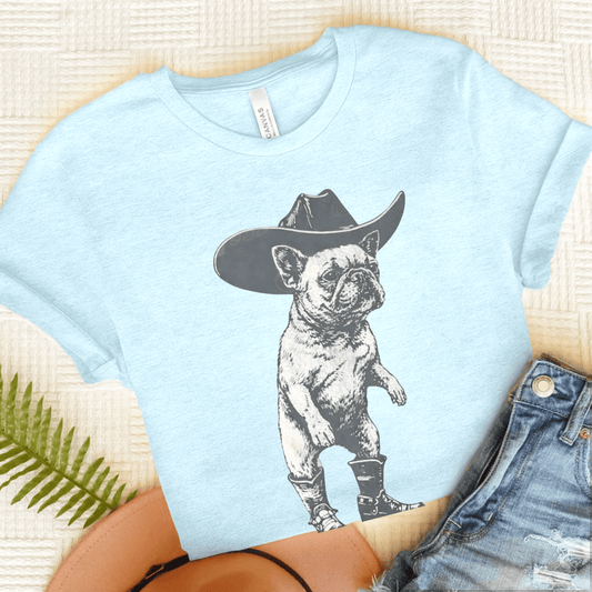 Frenchie Funny Cowboy Unisex TShirt Heather Ice Blue