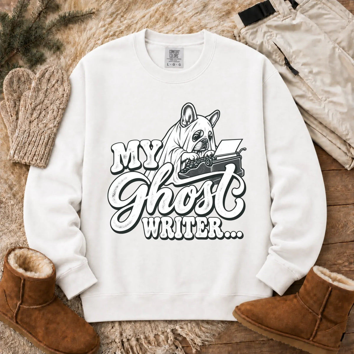 Frenchie Ghost Writer Halloween Unisex Sweatshirt White
