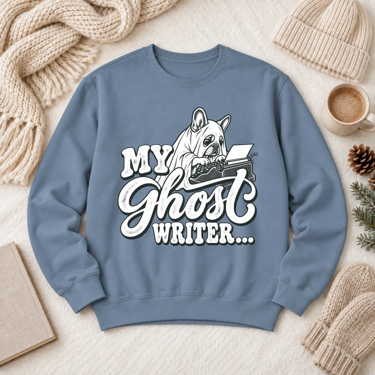 Frenchie Ghost Writer Halloween Unisex Sweatshirt Blue Jean