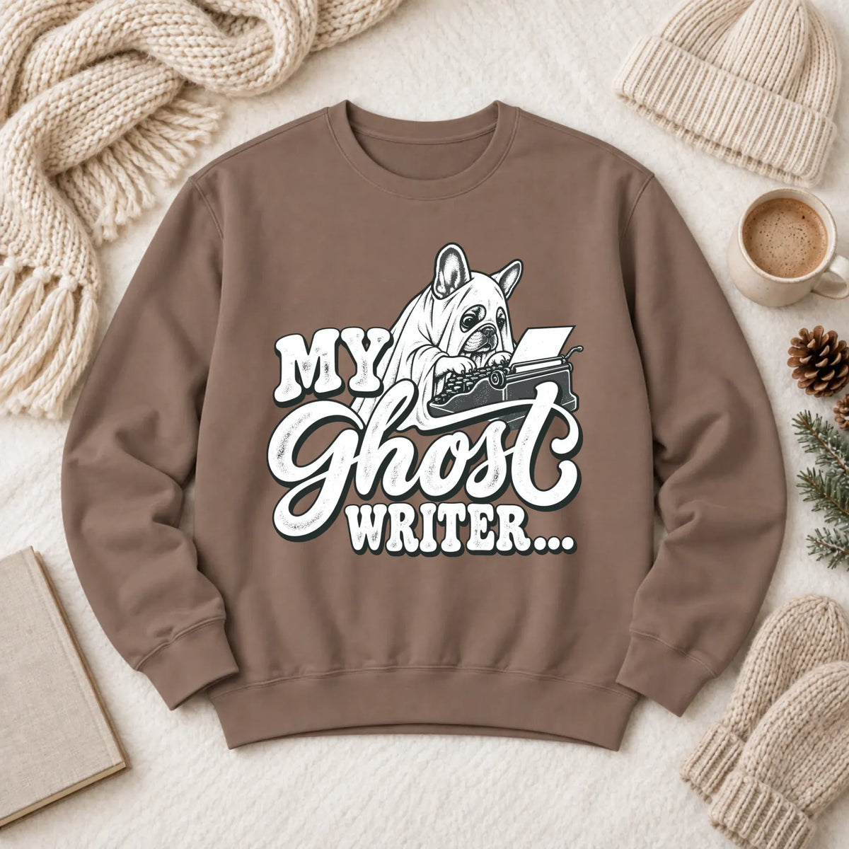 Frenchie Ghost Writer Halloween Unisex Sweatshirt Espresso