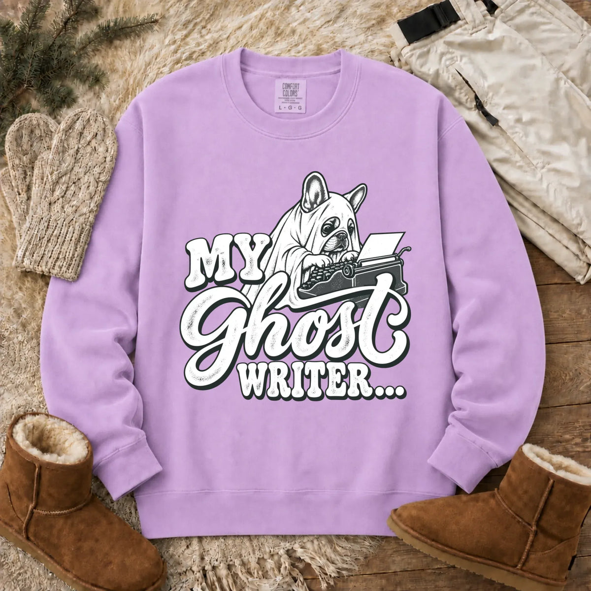 Frenchie Ghost Writer Halloween Unisex Sweatshirt Orchid