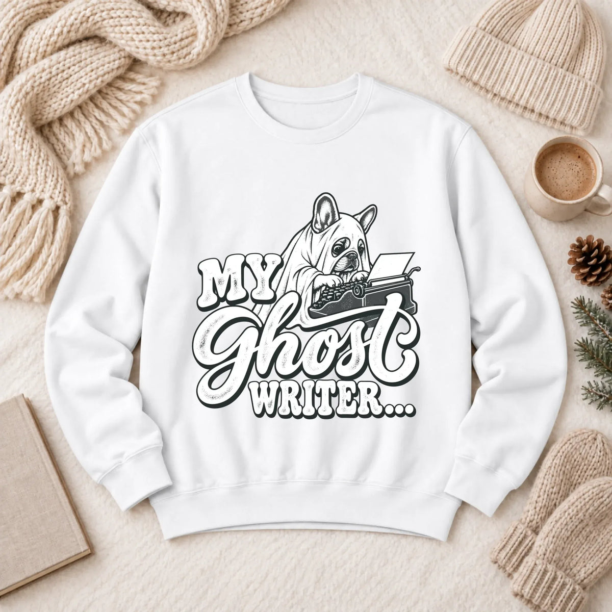 Frenchie Ghost Writer Halloween Unisex Sweatshirt White