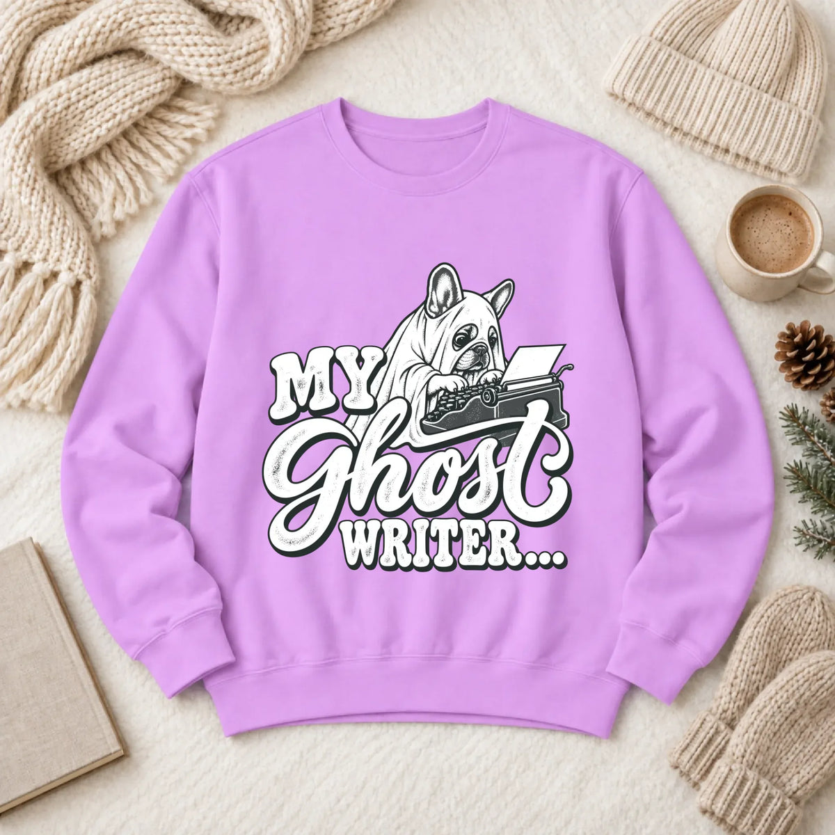 Frenchie Ghost Writer Halloween Unisex Sweatshirt Neon Violet