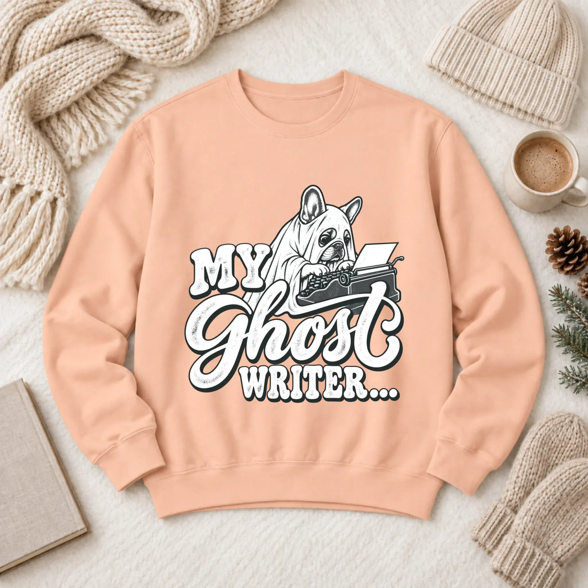 Frenchie Ghost Writer Halloween Unisex Sweatshirt Peachy