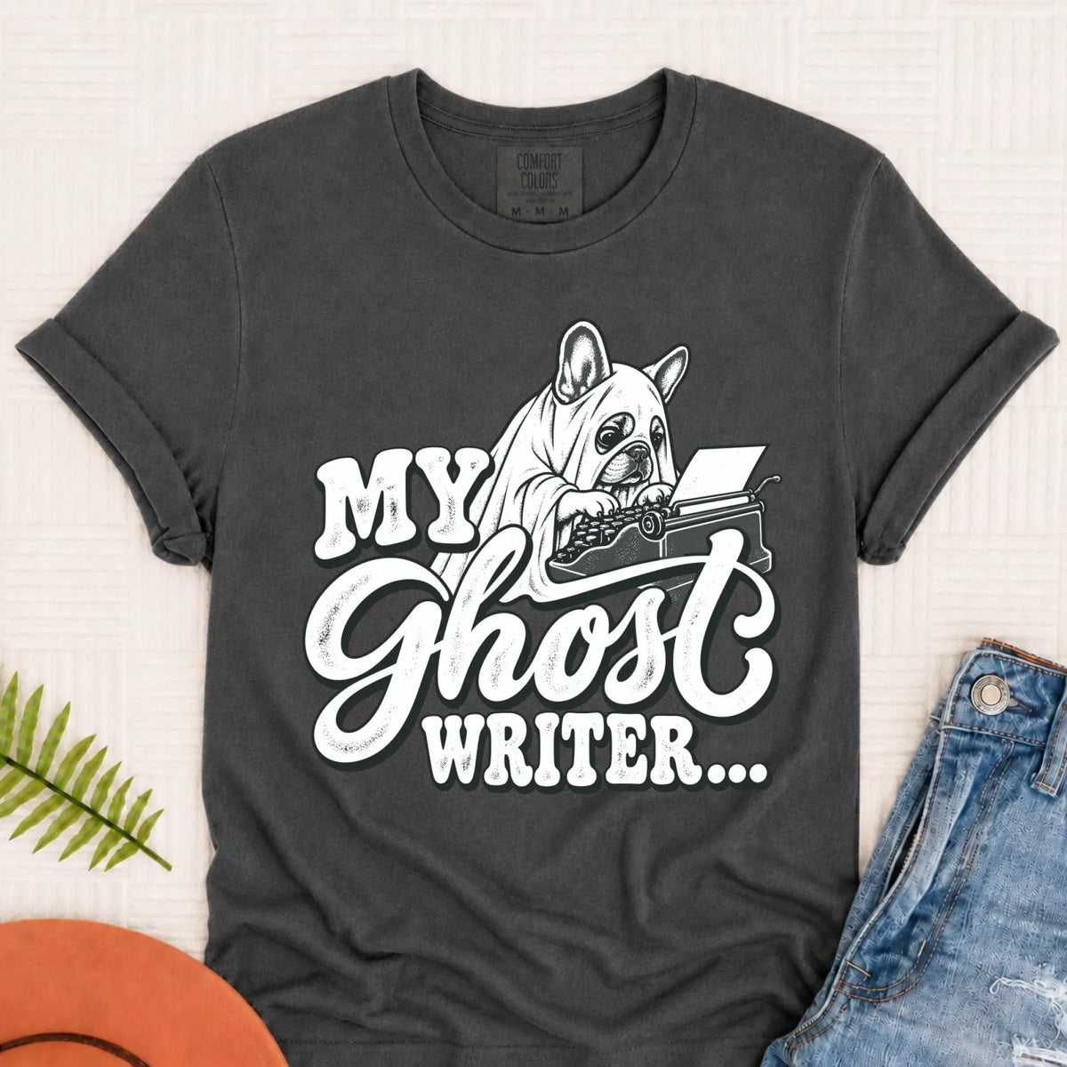 Frenchie Ghost Writer Halloween Unisex Tshirt Pepper