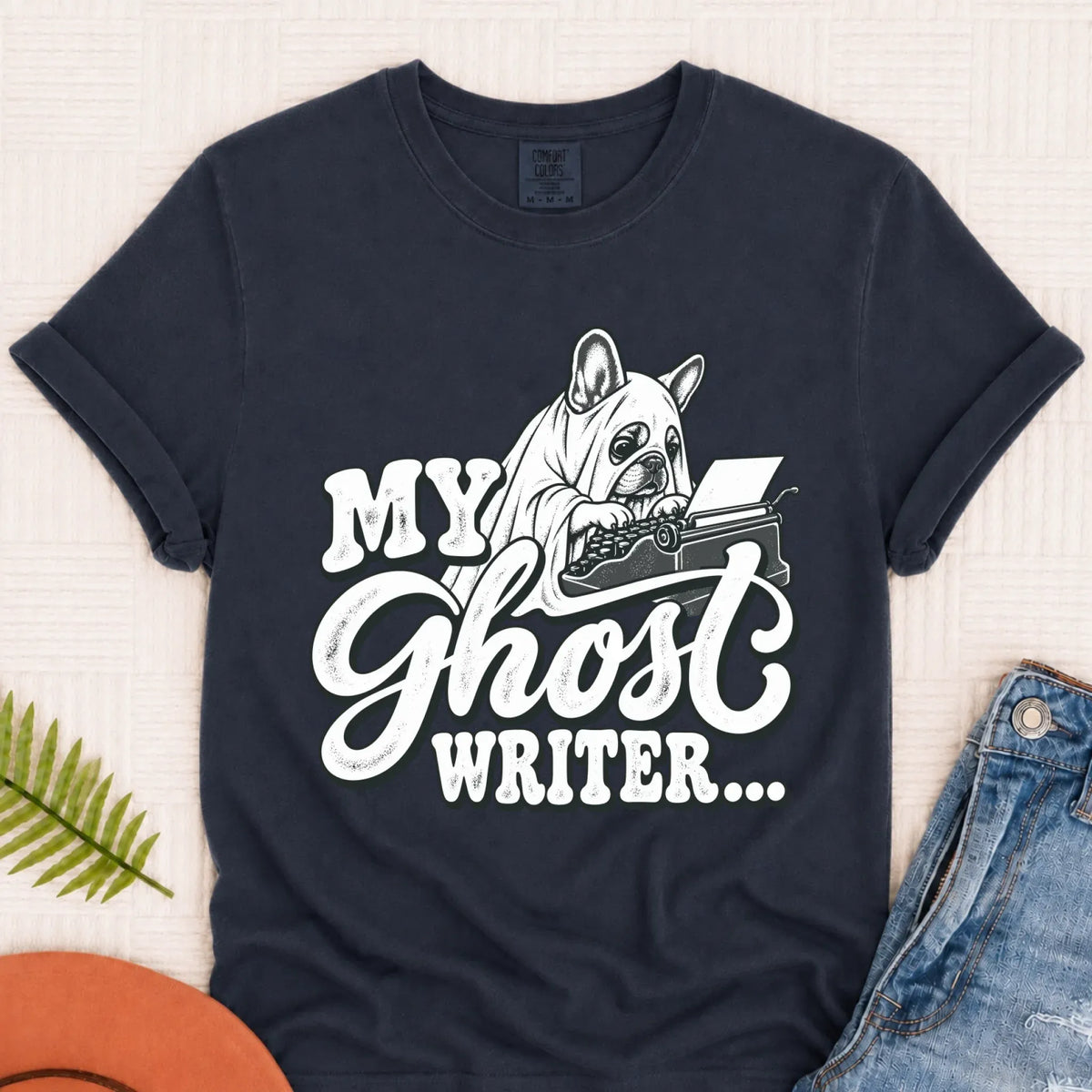 Frenchie Ghost Writer Halloween Unisex Tshirt Navy