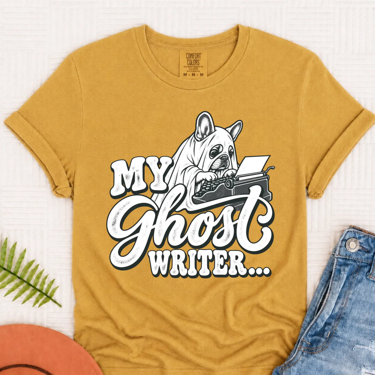 Frenchie Ghost Writer Halloween Unisex Tshirt Mustard