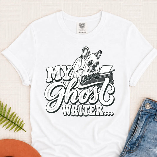 Frenchie Ghost Writer Halloween Unisex Tshirt White